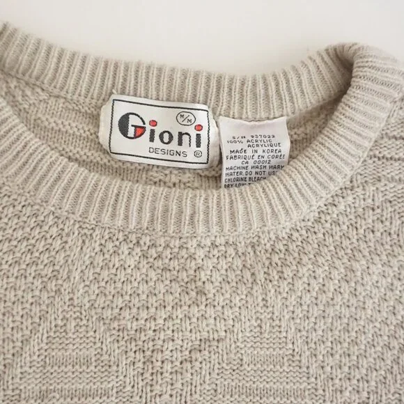 Vintage Gioni Beige Textured Knit Crewneck Sweater Minimalist Neutral Classic M - Picture 9 of 9